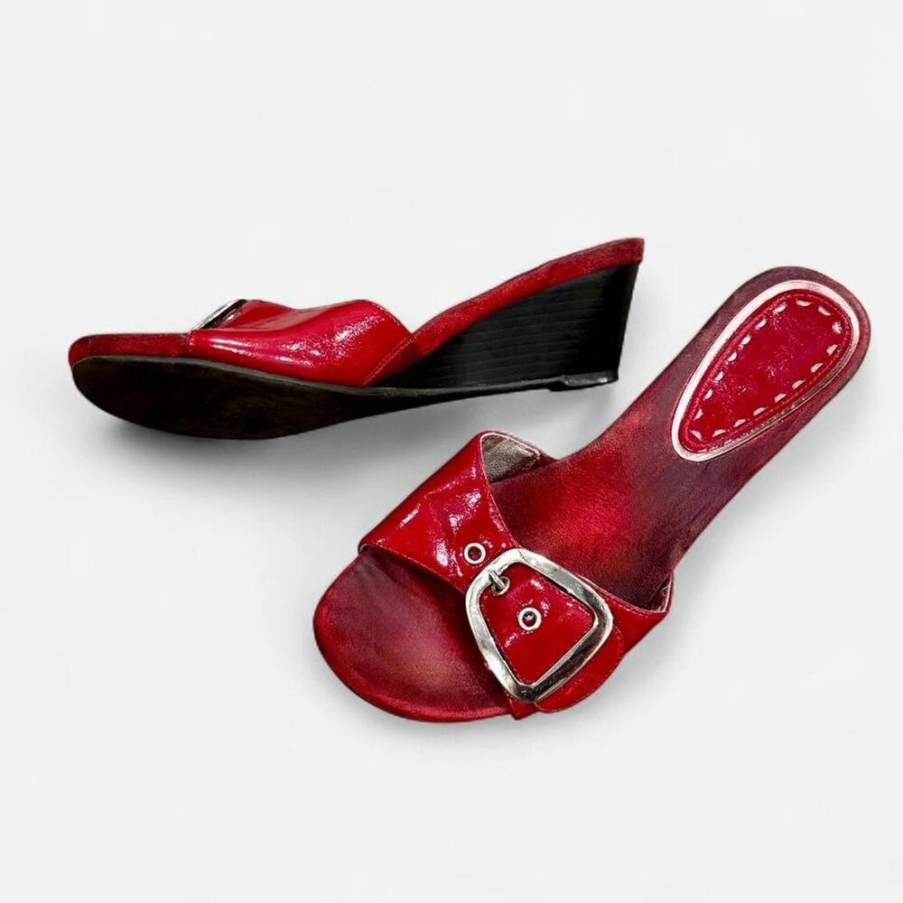 Vintage Euro Y2K Red Leather Buckle Wedge Mule Sandals 2000s Size 8
